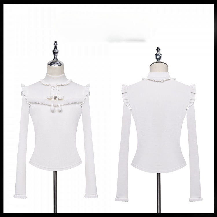 Jirai Kei Plush Trim Cutout Detail Bow Rhinestone Embellished White Top