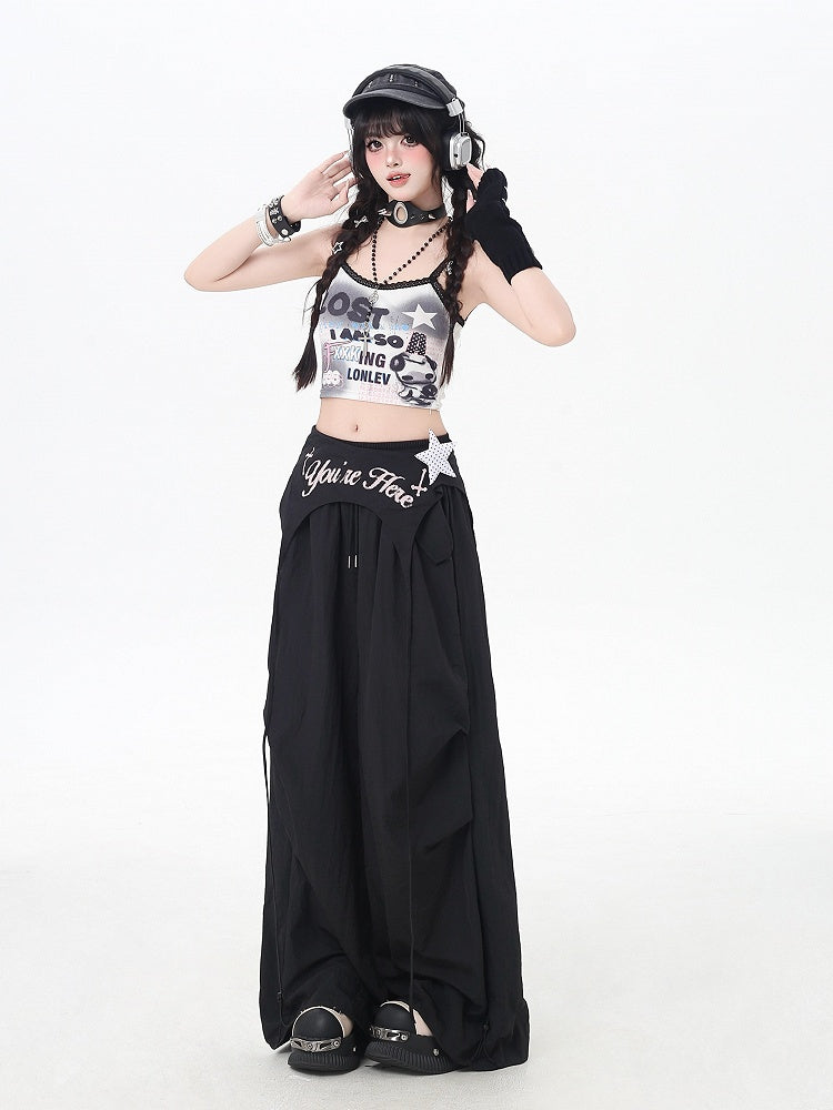 Black Punk Pants Accessory Waist Asymmetrical with Drawstring Waist Wasteland