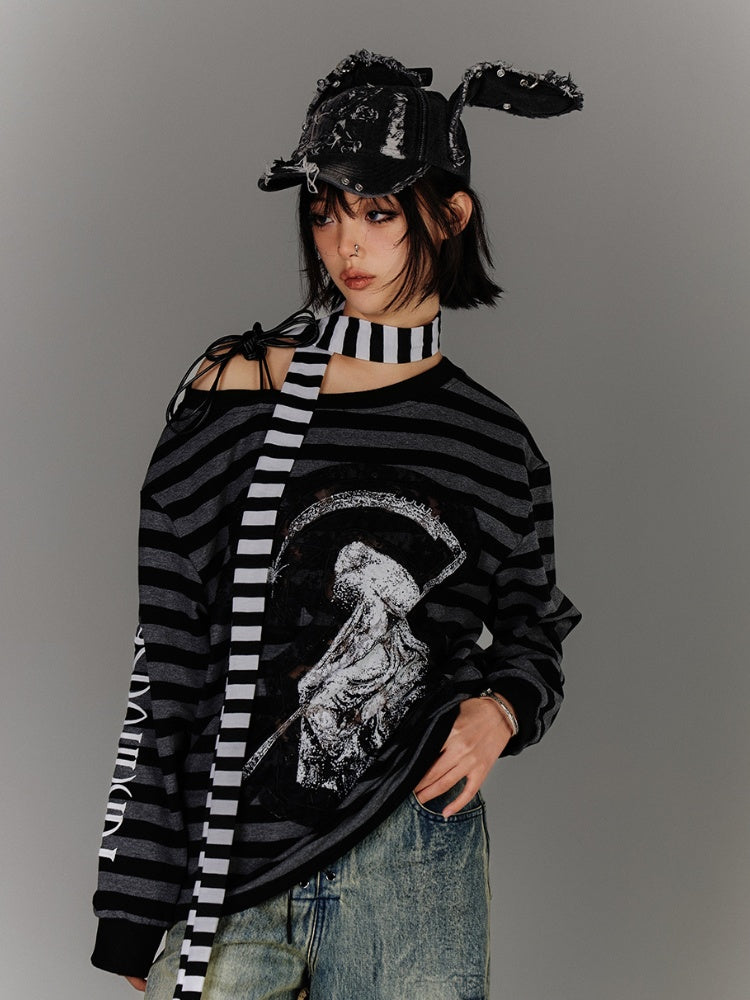 Black Gray Stripes Applique Design Asymmetrical Neckline Drawstring Punk Top