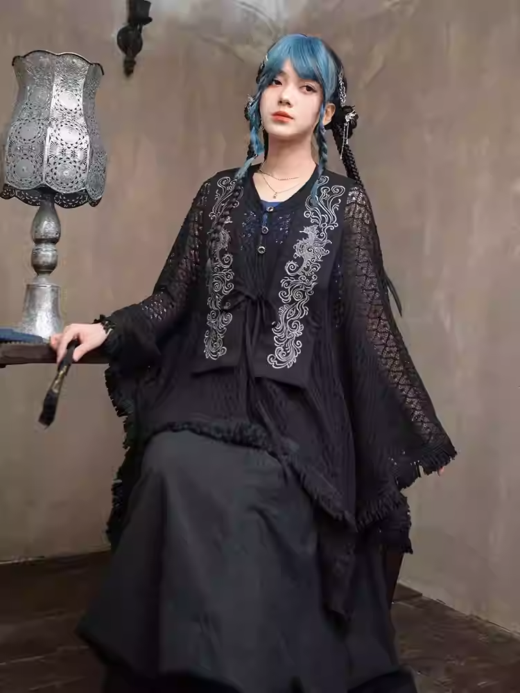 Tassel Embroidery Hem Black Cheongsam Cape Cardigan Style Detachable Seahorse with and Collar Hollow-out Coral
