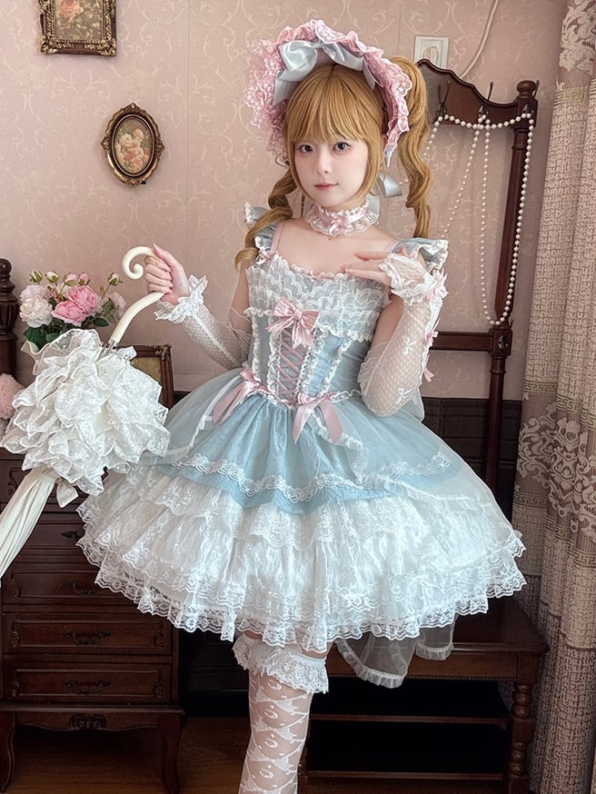 Leichter Stufenrock Blau Balletcore Sweet Lolita Pullover Flatterärmel Dreilagig