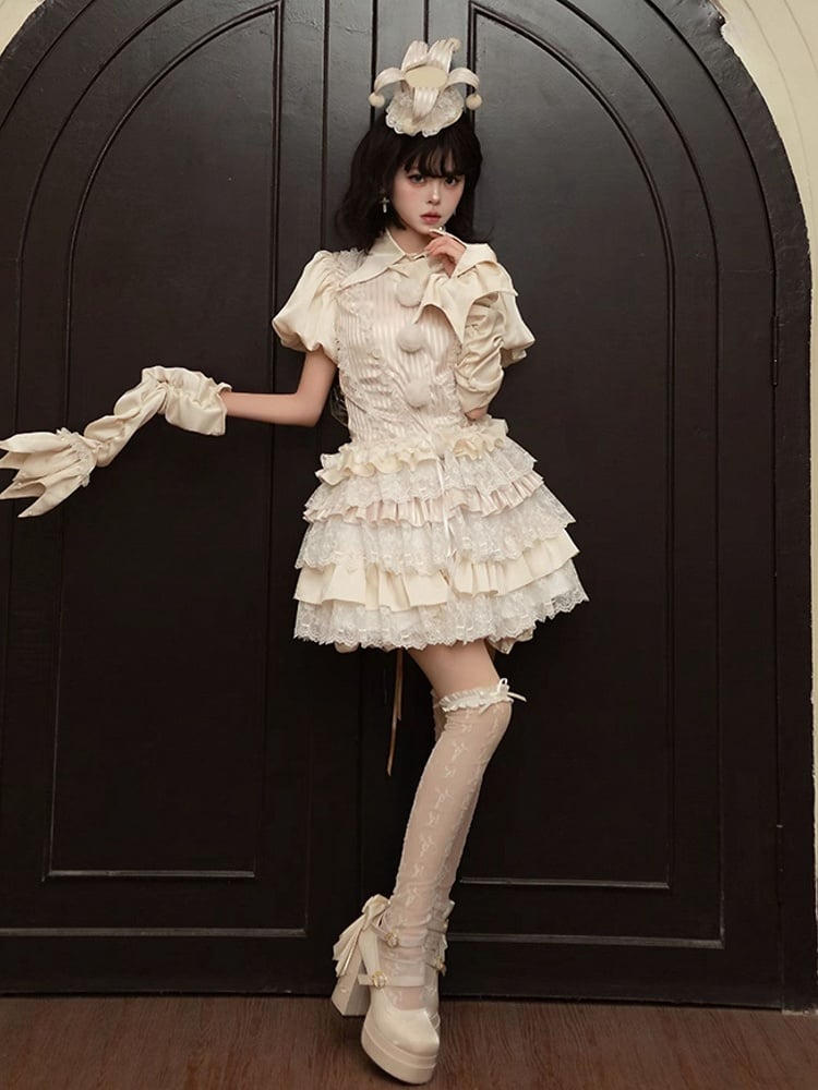 Clown-Outfit + Shorts, Pumphose, Kragen, spitzes Hemd, Lolita-Zirkus, Strumpfbänder, Ouji Apricot Vibes –