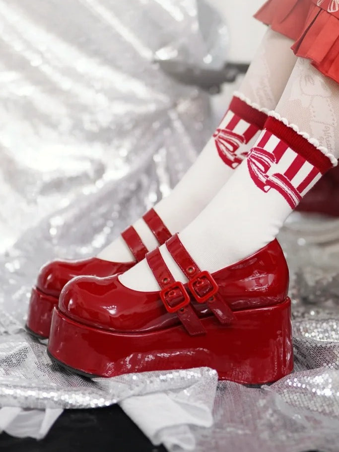 Dual Buckles Red Platforms PU with