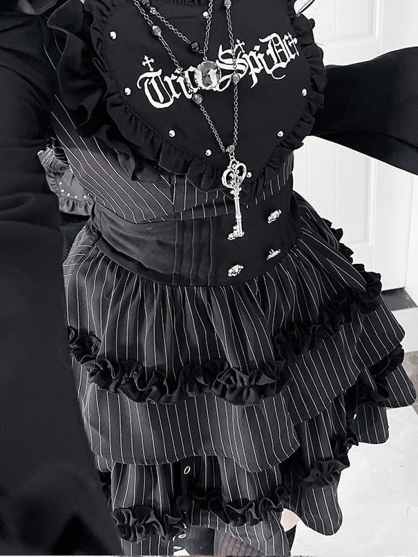 Pattern Off-the-shoulder Letter Neckline Print Bell Black Sleeves Striped Gothic Dress