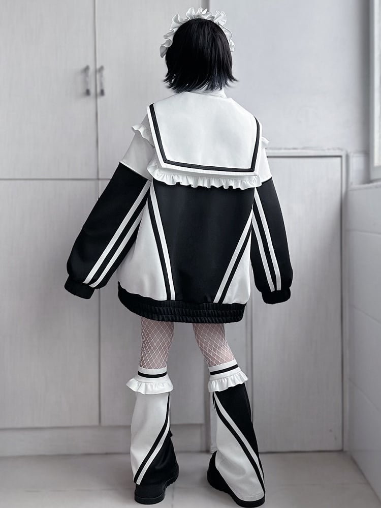 Sailor Zip WhiteBlack Collar Jacket Jirai Sweatshrit Closure Kei