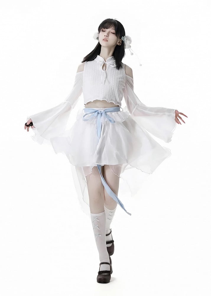 ホワイトのアシンメトリーメッシュヘムスカートバージョン(リボン付き)ショート/ロングセルフタイ