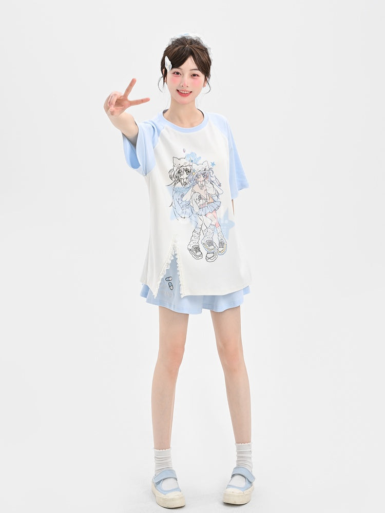 Light Blue Design Anime Girl Print T-Shirt Colorblock Short/Long Version