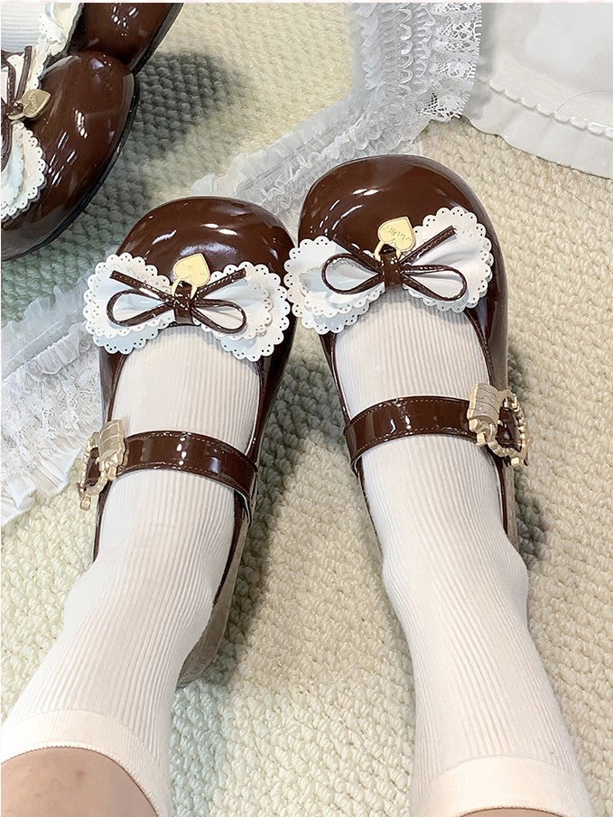 Mehrschichtiges Braun - Süße Charm-Schuhe mit niedrigem Absatz und Herzform in Cake Lolita-Schnalle und Schleife