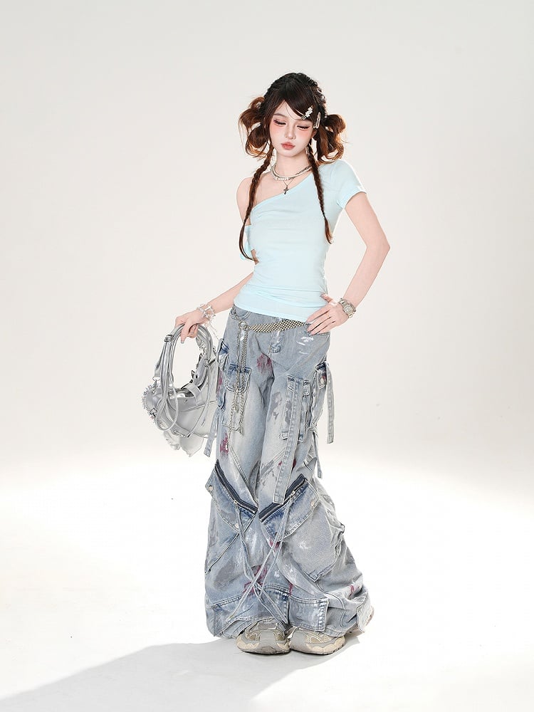 Low Details Distressed Spray Paint Print Blue Wide-leg Jeans Rise Zipper