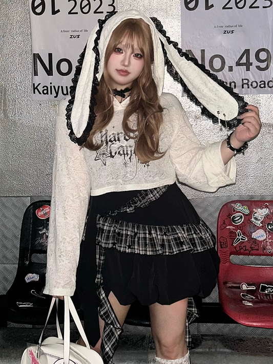 Trim Coverup with Bunny Ears Design White Semi-sheer Lace Plus Black and Size