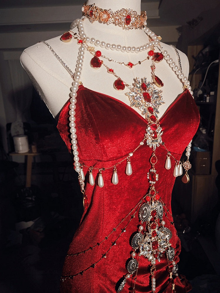 Robe de soirée sirène dos nu en velours rouge/noir