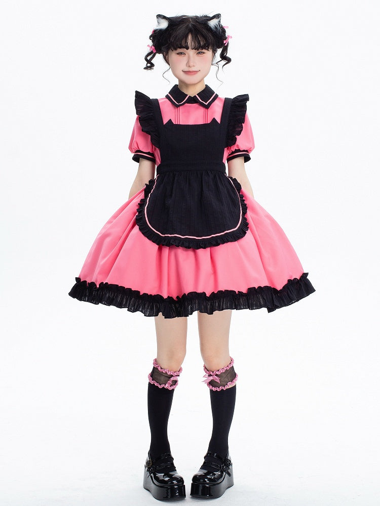 + and Black Sleeves Puff Maid Short Apron Dress Lolita Pink Kitty