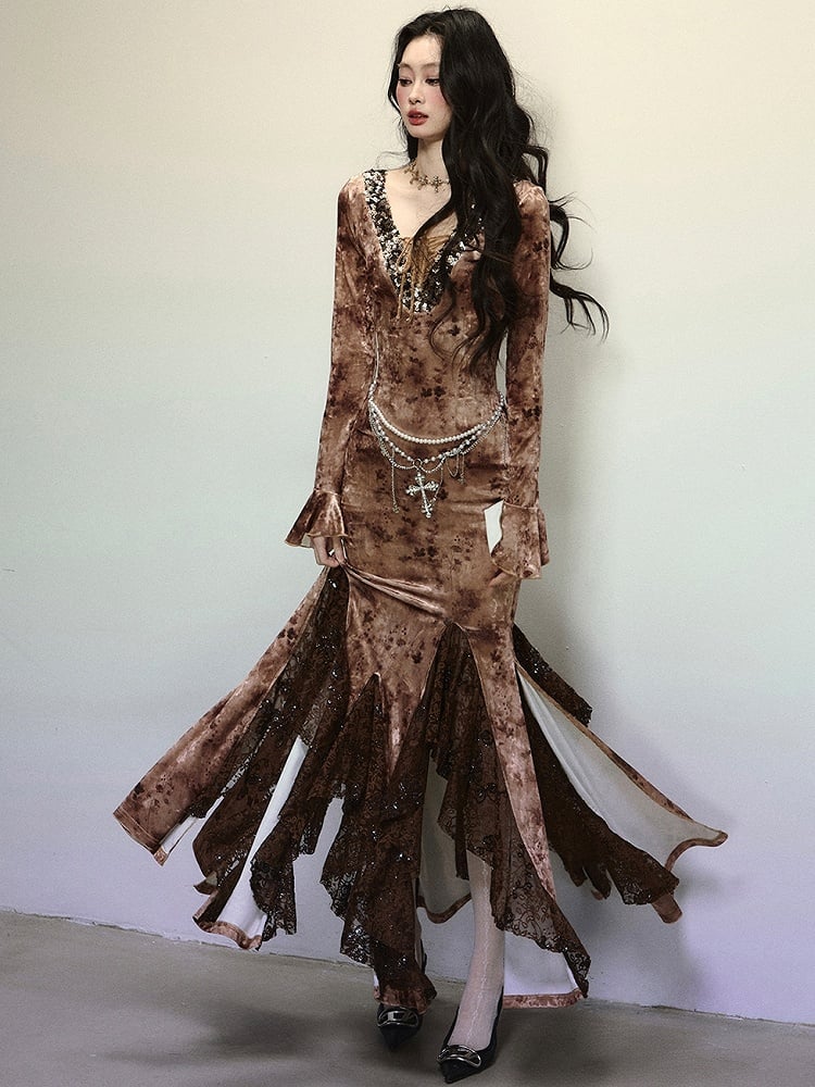 Coffee Sequins V-neck High Waist Lace Patchwork Flounce Mermaid Skirt Velvet Dress Evening Gown