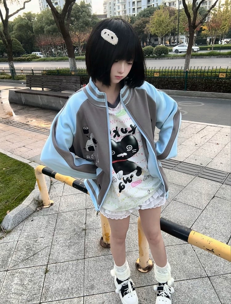 Zip-Up Panda with Alt-Kawaii Fleece and Blue Jacket Gray