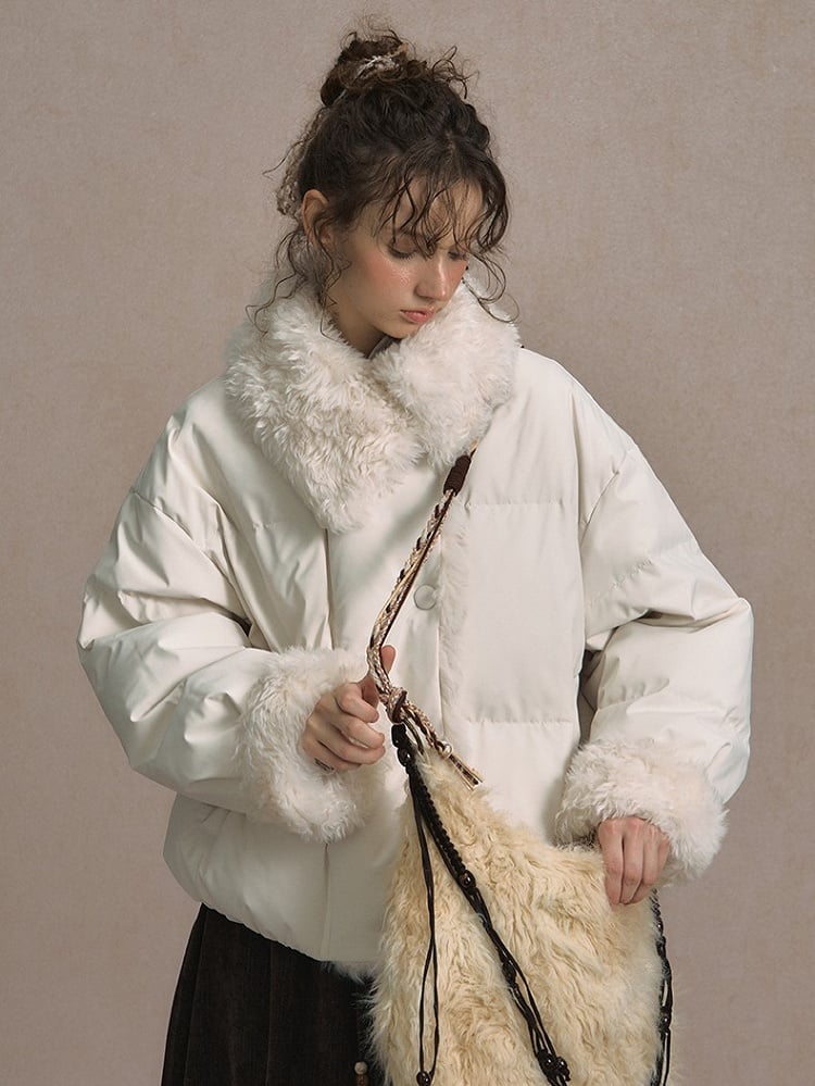 Beige/Brown Short Puffer Jacket with Faux Fur Trim and White Duck Down Filling