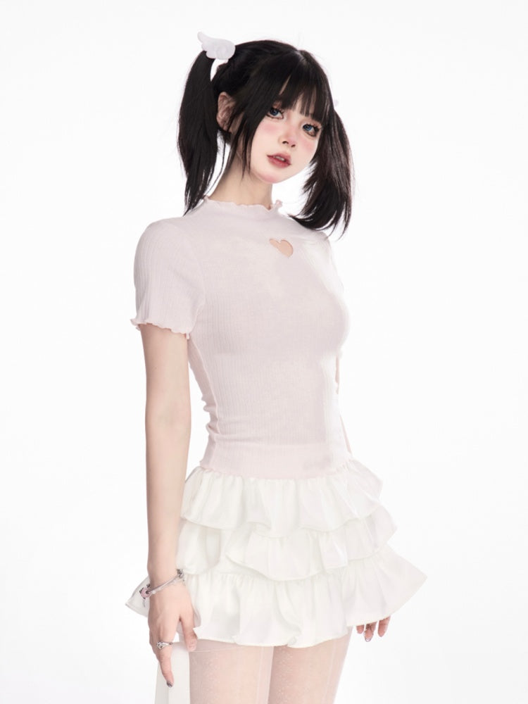 Heart-shaped Cutout Lettuce Hem T-Shirt Neck Pink Mock