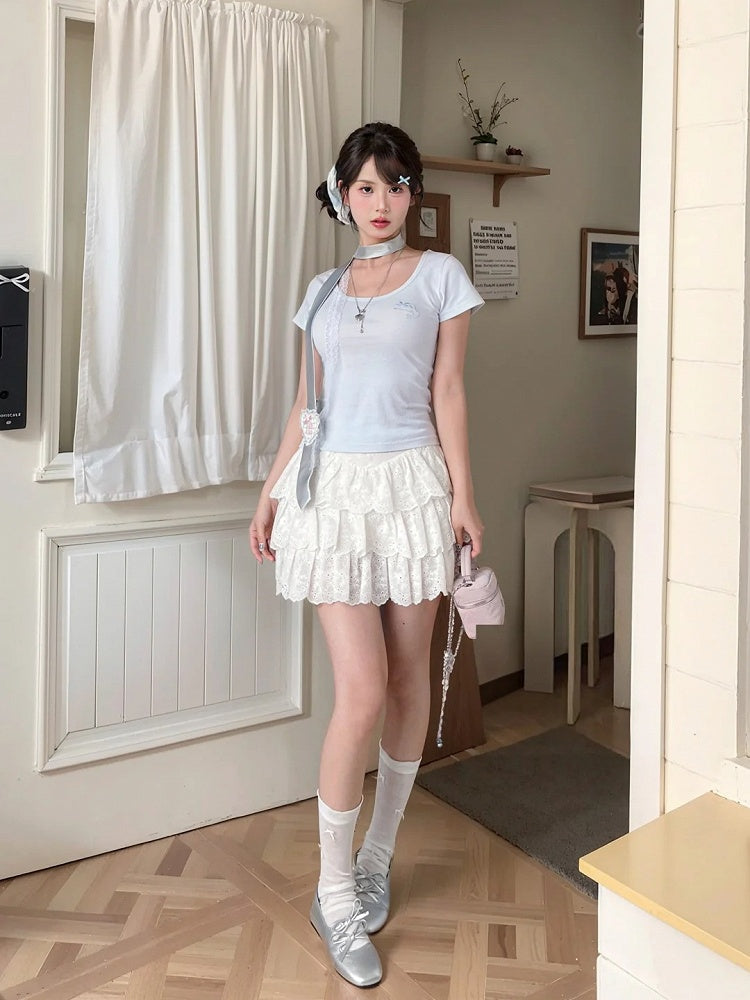 Blue Scoop Neckline T-shirt Dolphin-shaped Cutout Back