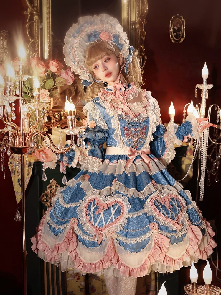 Blue Hanayome Rosette Embroidery Floral and Bead Chain Details Lolita OP Full Set