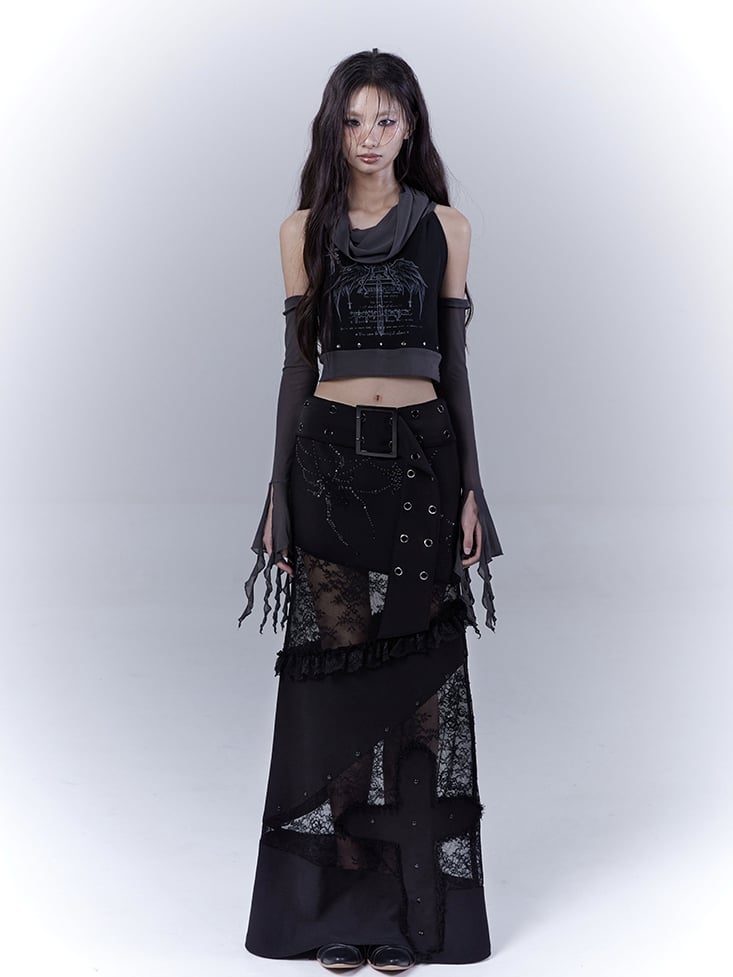 Sleeveless Top Armwear Print Punk Studded Black Cross Wing with Free