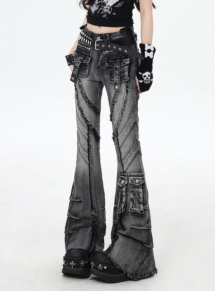 Black Rise Raw Hem Faded Wash Flared Cargo Jeans Y2K Low