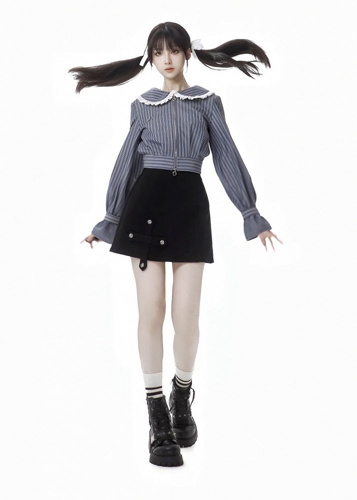 Blue&White Striped Pattern Lace Trim Peter Pan Collar Thicken Blouse