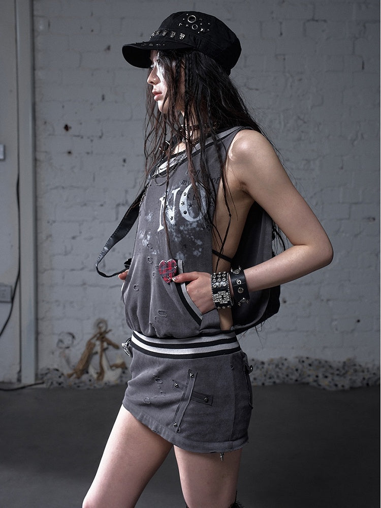 Asymmetrical Neckline Gray/White Wasteland Punk Distressed Dress