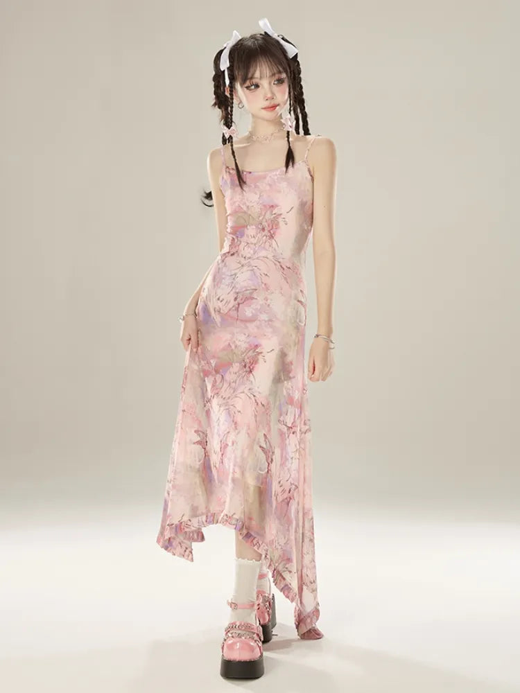 Pink Holiday Hem Asymmetrical Dress Butterfly Ruffle Midi Print