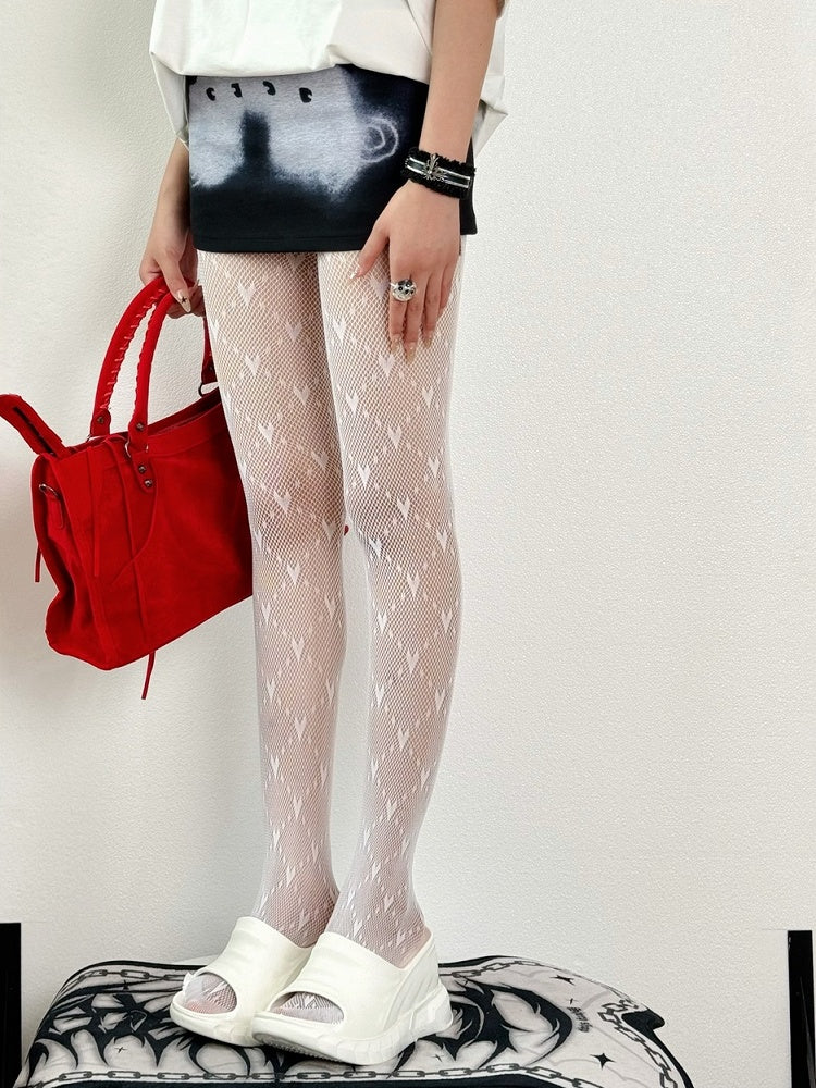 Y2K Details Pattern Diamond Black/White Tights Heart