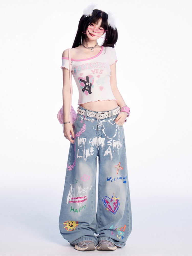 Asymmetrical Neckline Cute Bunny Print Pink Lettuce Hem White