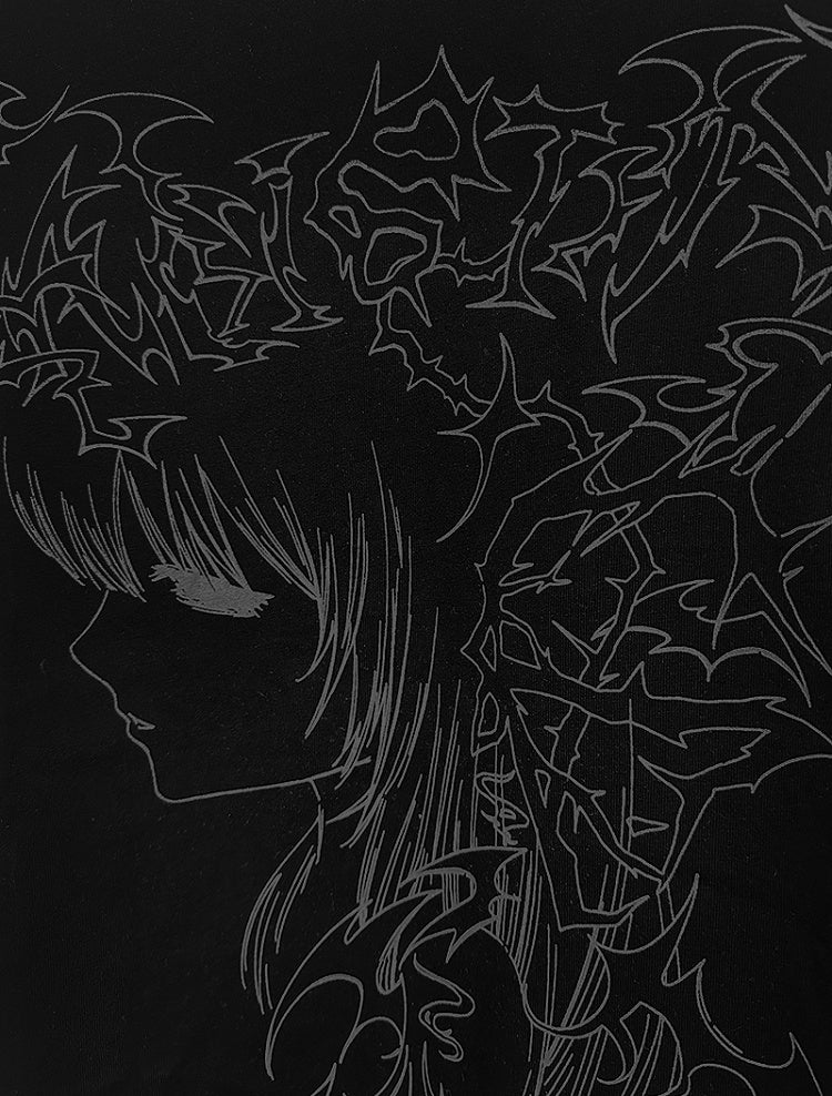 Schwarzes T-Shirt mit Grafik und gestreiften Ärmeln im Emo-Punk-Girl-Stil