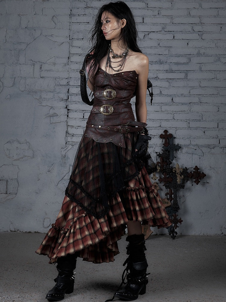 Bustier-Schnallenverziertes Punk-Top Rot/Braun Wasteland PU