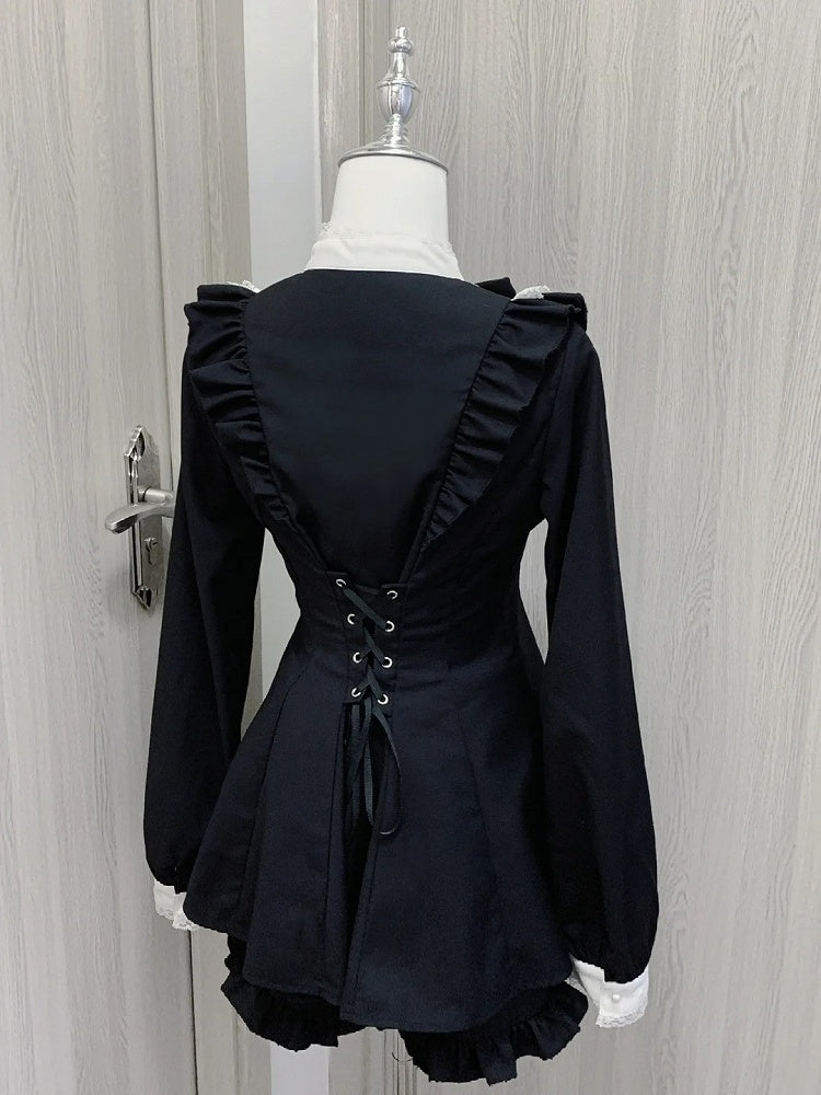 Big Jirai Kei Schwarz Abnehmbare Set Lange Bogen Kleid + Shorts Jabot Kragen und Ärmel Mini