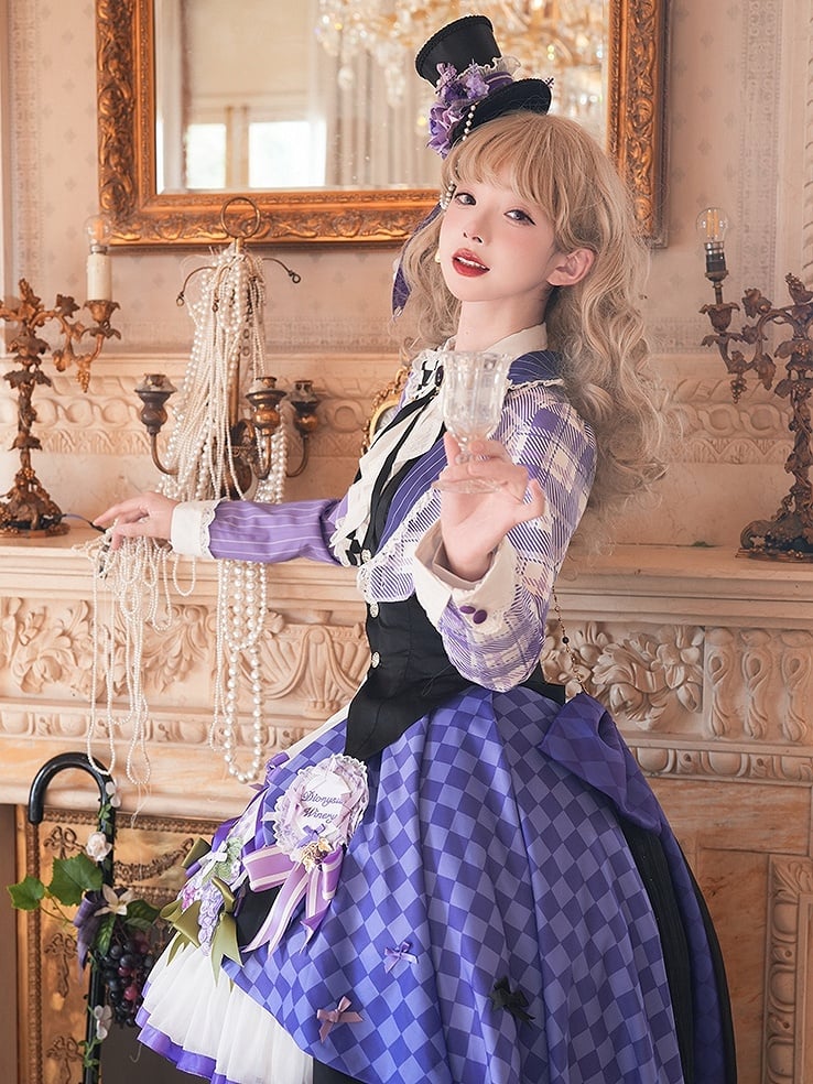 Waistcoat Tops - Blazer Cropped Ouji Set Half-plaid Half-stripes Purple Lolita Half-black + Half-white Backless Pattern