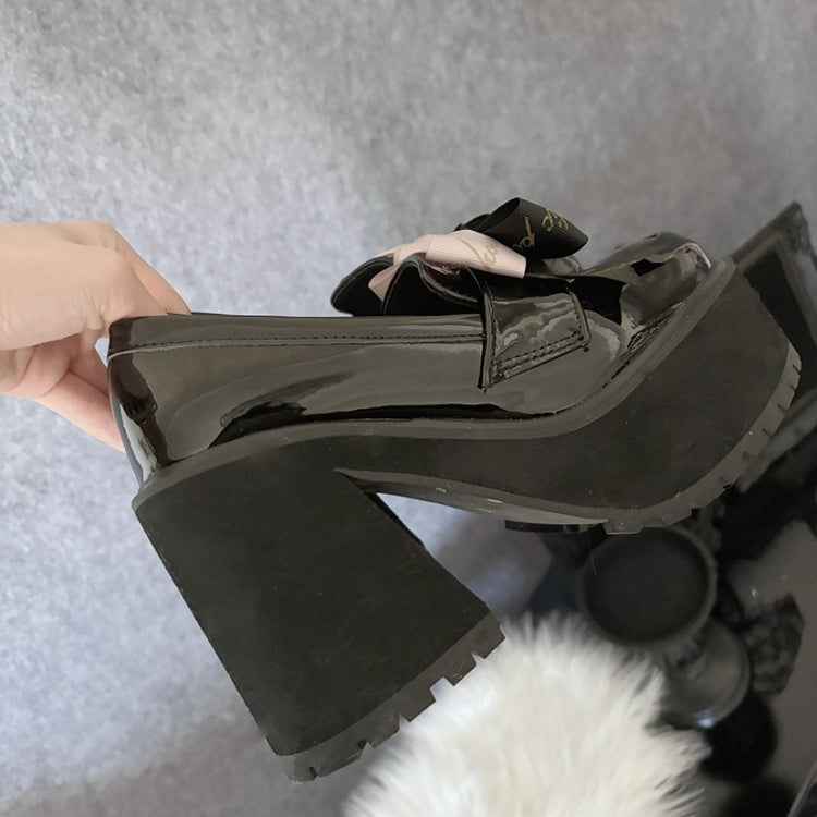 Plateau-Loafer mit Schleife, Schwarz, Oberteil, Buchstabe, abnehmbarer Blockabsatz, Druck, Y2K, poliert mit
