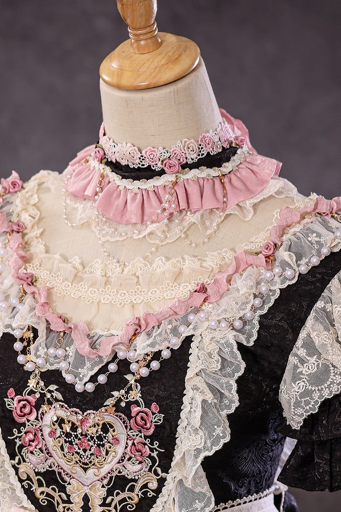Black Hanayome Rosette Embroidery Floral and Bead Chain Lolita OP Full Set