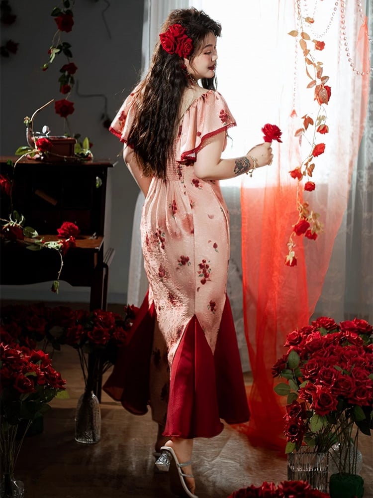 Hem Skirt Plus Size Mesh Red Rosette Print Dress Patchwork Mermaid