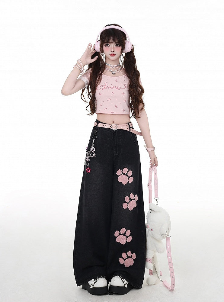 Waist Straight-Leg Jeans Pink Paw Embroidery Black Low
