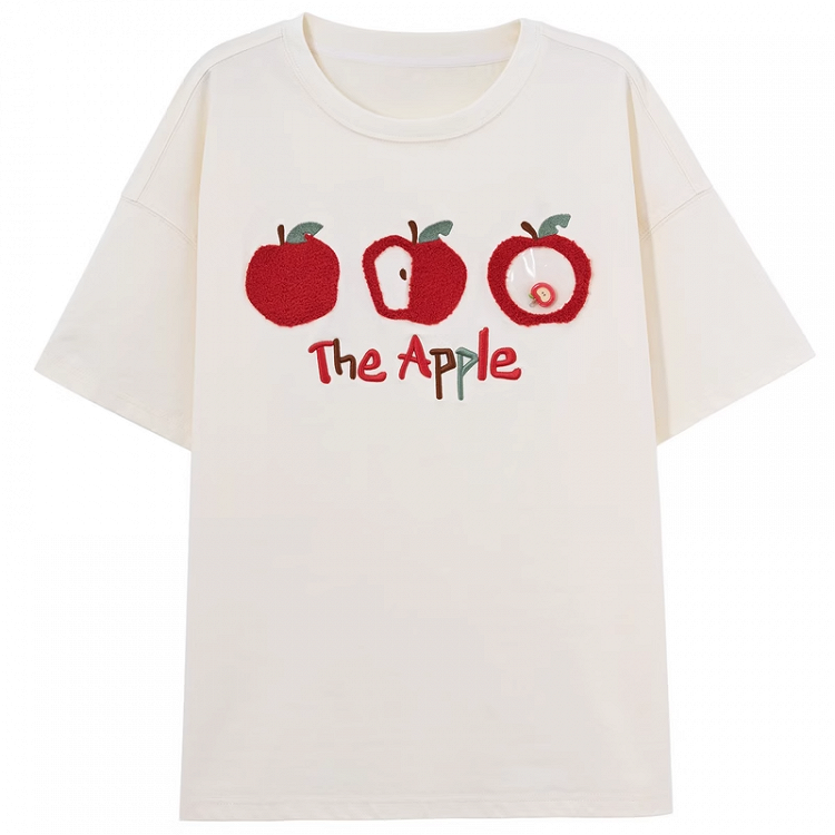 T-Shirt Apricot/Black Round Neck Apple Embroidery Loose