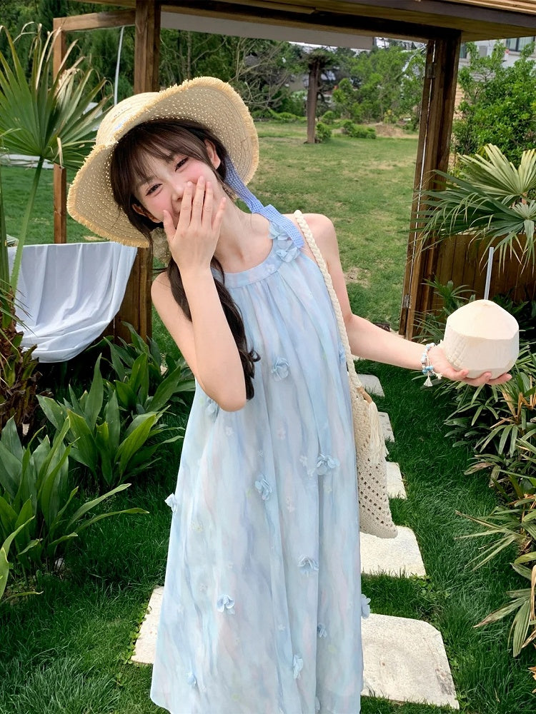 Blue Floral Accents Holiday Chiffon Halter Neck Dress Light