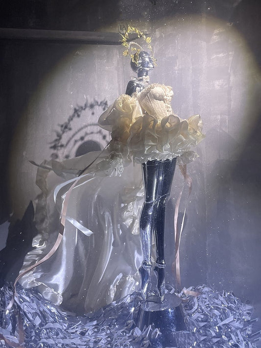 Set Balletcore + Full Top Train Big Bow Sleeves Skirt Corset Gold Lace-up