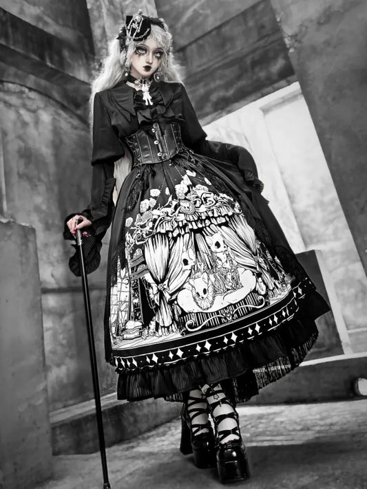 Sleeves Dark Belt Available Black Corset Gothic Plus Set Long - Full Lolita Skirt Sizes Shirt +