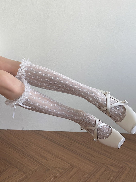 Trim Lace Under-Knee Floral White/Beige/Black Lolita Stockings