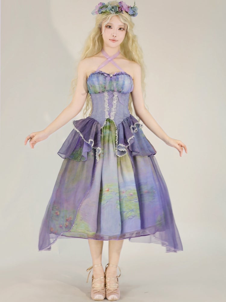 Fairy Oil Painting Purple Tiered Flounce Hem Halter Boned Corset Top Print
