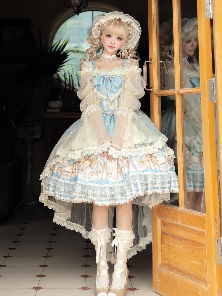 Print Full Lolita Set Classic Elegant Unicorn Blue Dress JSK