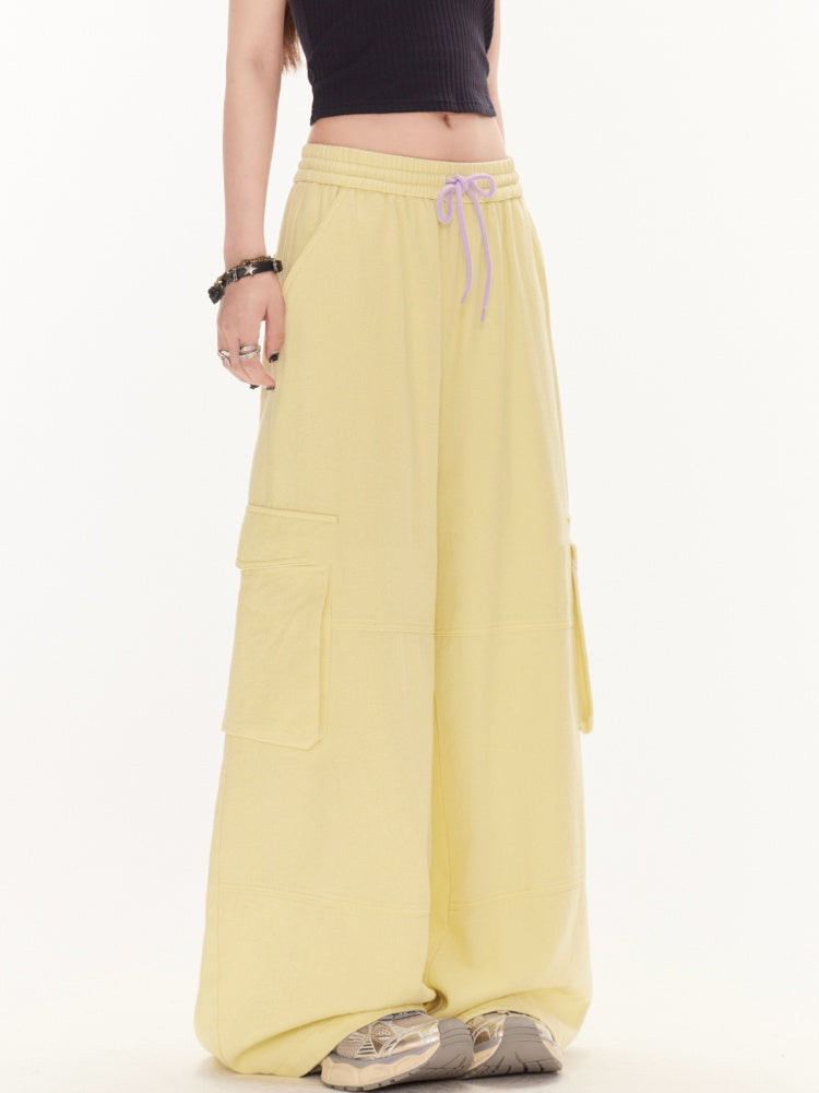 Yellow Drawstring Waist Wide-Leg Cargo Pants