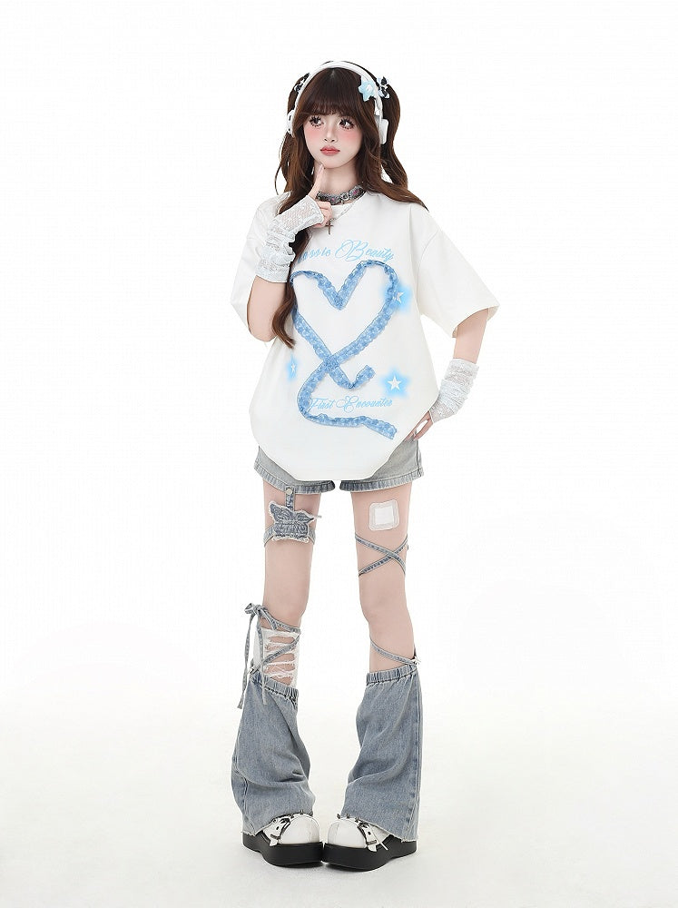 Design Armwear Free Heart-shaped Lace White/Light Blue T-Shirt with