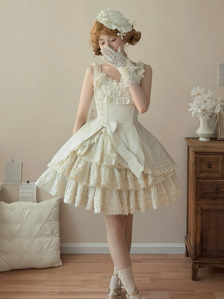 Beige Elegant Slim Fit Waist Tiered Skirt Lolita Jumper Skirt