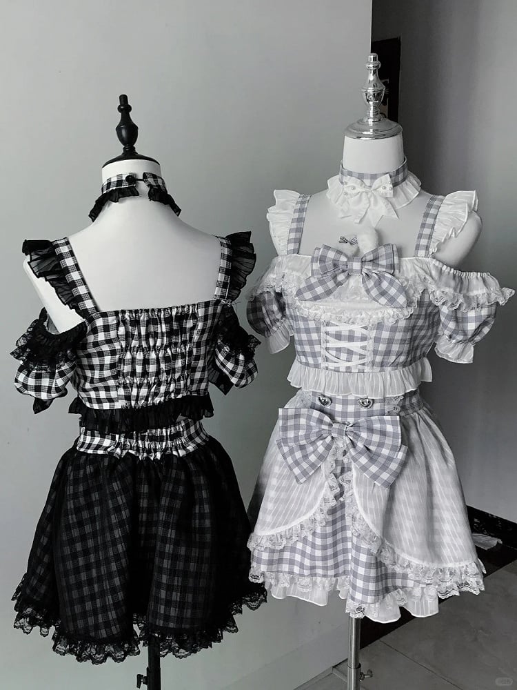 Off-the-shoulder Choker Bowknot+ Design Bunny Waist Plaid Idol High Neckline Skirt+ Set- Ears + Top Jirai Kei Black