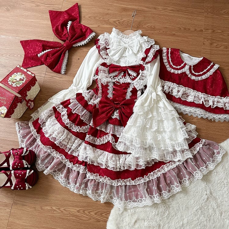 Decorated Bows Skirt Jumper White Lolita Lace Dress Hanayome Red Trims