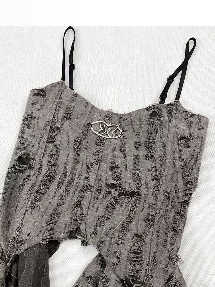 Punk Accents Ruffle Top Distressed Detail Wasteland Cascading Cami Gray